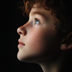 Boy with freckles looks upward