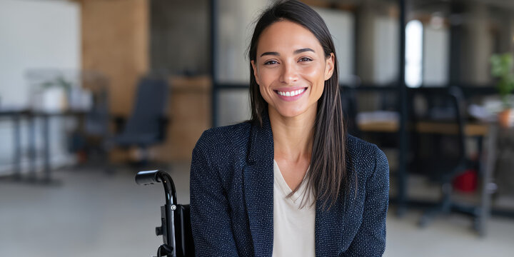 Smiling woman in office clothes on wheelchair in office interior. Inclusion in hiring, employment of people with disabilities