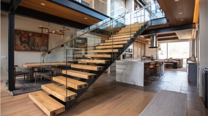 Floating wooden staircase with glass railing in open-plan home 