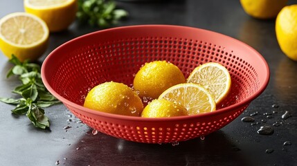 Lemons, halved and sliced, sparkle in a red colander with water droplets