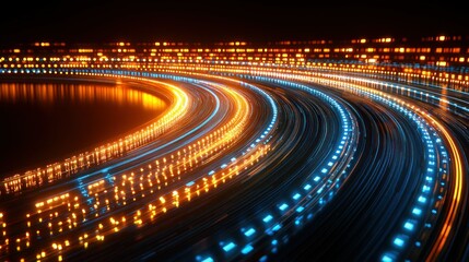 Light streaks bend, bright orange and blue, in a dark abstract motion scene