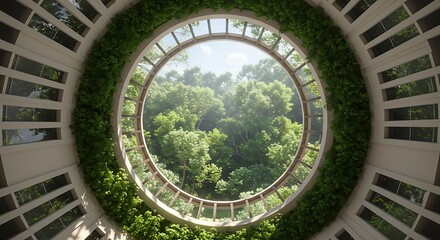 Fototapeta premium Circular Window View of Lush Green Forest Sunlight Interior Design