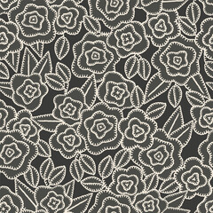 Floral embroidery vector background. Abstract seamless pattern with flowers and leaves. Lace texture. knitted by hand or machine. Granny and cottage core allover print for fabric, paper, textile, ads
