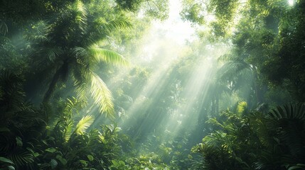 Obraz premium dense forest with soft sunlight filtering through the trees dappled light and green foliage natural and serene
