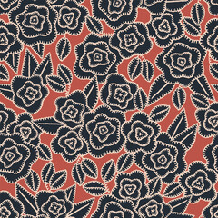 Floral embroidery vector background. Abstract seamless pattern with flowers and leaves. Lace texture. knitted by hand or machine. Granny and cottage core allover print for fabric, paper, textile, ads