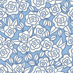 Floral embroidery vector background. Abstract seamless pattern with flowers and leaves. Lace texture. knitted by hand or machine. Granny and cottage core allover print for fabric, paper, textile, ads