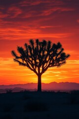 Obraz premium Distant view of a solitary Joshua tree silhouetted against the orange hues of an evening sky, sand dunes leading to the horizon