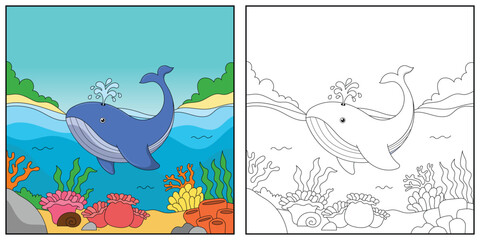 cute cartoon whale, funny illustration, coloring book for kids and children.