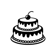 Black and White Two-Tier Cake Icon with Cherry on Top - Minimalist Design