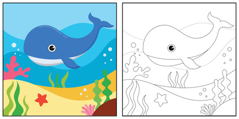 cute cartoon whale, funny illustration, coloring book for kids and children.