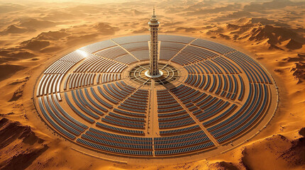  drone view of a vast circular solar farm nestled in the desert, showcasing the intricate engineering and symmetrical arrangement of solar panels.