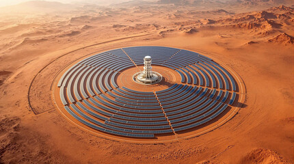 Drone aerial view of a circular solar farm in a desert landscape.