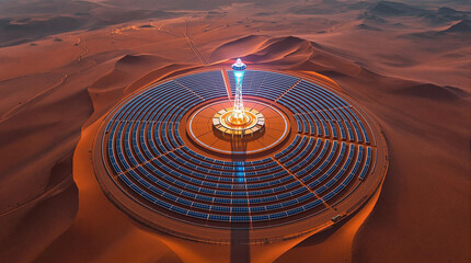  drone view capturing the elegant symmetry of a circular solar farm in a desert landscape.