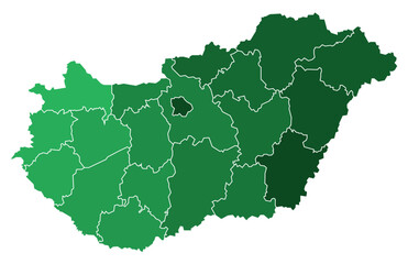 Hungary Maps with Green Monochrome Color for District Borders Europe Country