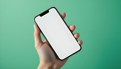 Hand Holding Smartphone with Blank White Screen Isolated on Green Background &ndash; Mobile App and UI Mockup

