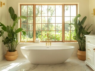 Fototapeta premium elegant bathroom with marble countertops, gold fixtures, a freestanding bathtub near a large window overlooking a lush garden, minimalistic decor, and a serene ambiance 