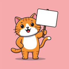 Cute Cartoon Orange Cat Character Holding a Blank Sign on a Pink Background