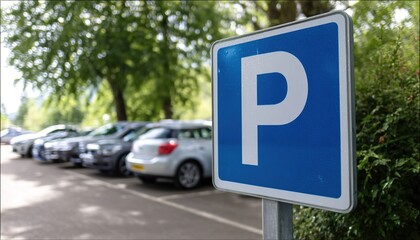 A close-up of a blue parking sign with a white "P" against a blurred parking lot symbolizes urban order and convenience. 