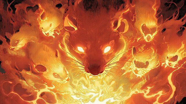Fiery rats encircle a monstrous rat, radiating intense heat.