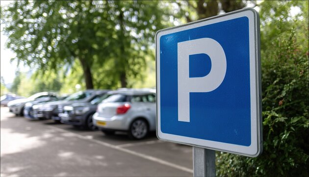 A close-up of a blue parking sign with a white "P" against a blurred parking lot symbolizes urban order and convenience. 