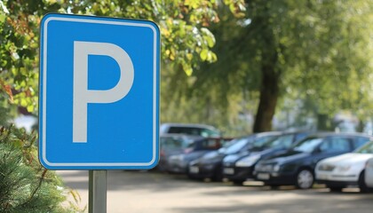 A close-up of a blue parking sign with a white "P" against a blurred parking lot symbolizes urban order and convenience. 