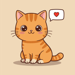 Cute Cartoon Orange Cat with Heart Speech Bubble – Adorable Kitten flat vector Illustration