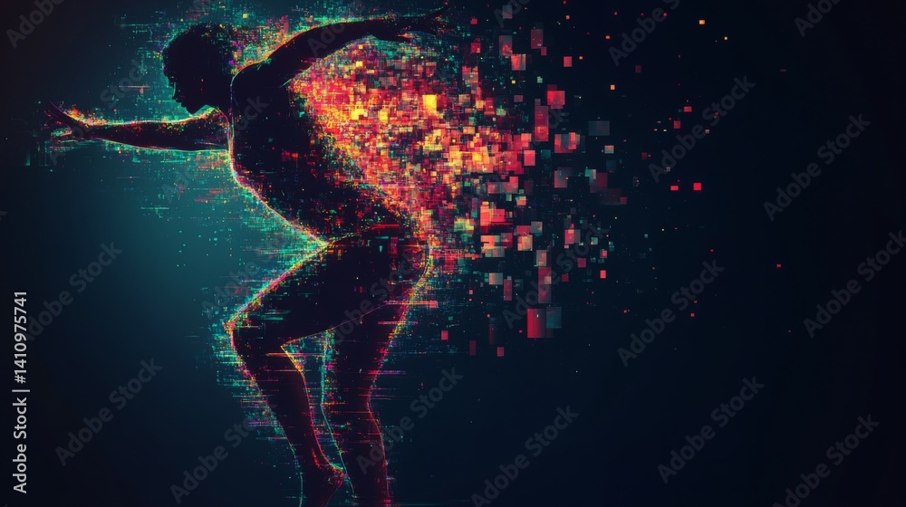 Aufkleber Glitched image of a dancer mid-motion with fractured pixels and neon trails, dynamic energy with space for quote