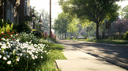 Obraz premium Sunny Residential Street With Blossoming Flowers