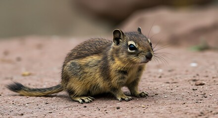Closeup of a Brown Furry Chipmunk on Rocky Ground