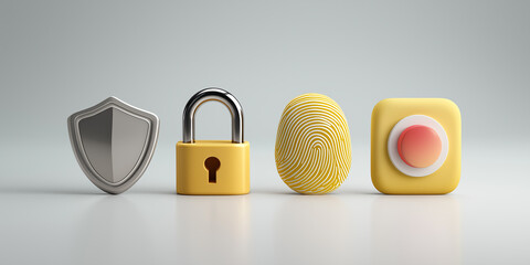 3d rendering of internet security concept with shield, padlock, fingerprint and button