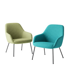 Obraz premium Two inviting armchairs in calming teal and olive green hues, offering a space of quiet relaxation and modern comfort with sleek black legs.