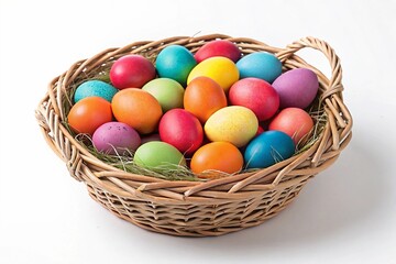 Happy Easter celebration concept. Easter basket filled with colorful eggs isolated on white background