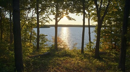 Obraz premium Serene sunset view through trees overlooking a calm lake. Golden hour light illuminates the scene.