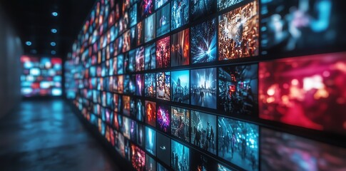 A futuristic hallway displays countless vibrant video screens showing cityscapes and nightlife scenes Perfect for technology and urban lifestyle projects