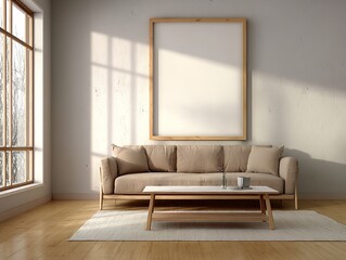 A minimalist living room with neutral tones, framed artwork, and ample natural light. Perfect for interior design portfolios or home decor branding.