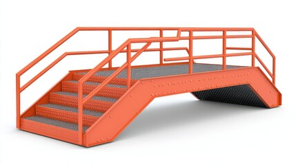 Orange metal staircase with grated steps and handrails against a white background