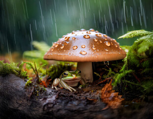Fototapeta premium Frog Sheltering Under Mushroom Cap in Rainy Forest with Natural Lighting 