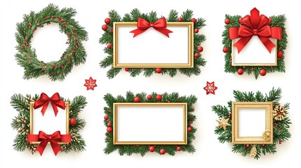Festive gold frames adorned with evergreen wreaths, red bows, and ornaments create a joyful Christmas mood Perfect for holiday cards and invitations