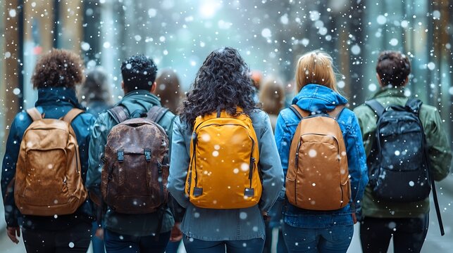 Students walking in snow city
