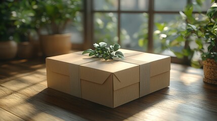 Sustainable Gift: Cardboard Box with Greenery on a Rustic Wooden Surface