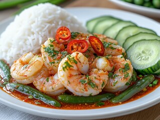 Sataw Pad Kapi with shrimp, shrimp paste sauce, and sliced chili on a white plate, served with rice and cucumbers, angled natural lighting