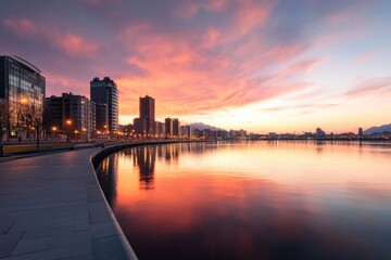 City skyline at sunset reflection