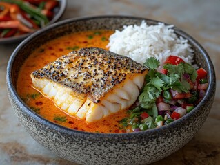 Gaeng Som with seared fish fillet in spicy turmeric broth, garnished with cilantro and sliced red chili, served with rice and cucumber