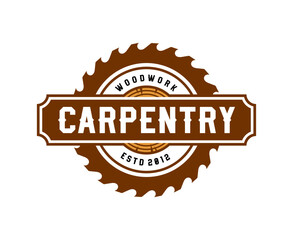 Carpentry woodwork icon showcases circular saw blade, log and white brown text. Vector emblem representing carpenter branding or woodworking business convey traditional lumberjack craftsmanship