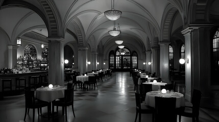 Elegant Empty Restaurant Interior In Black And White