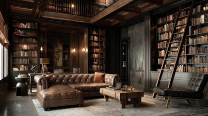 Luxury home library with ladder and dark wood walls  