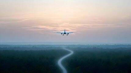 Fototapeta premium Airplane Landing Over Winding Country Road At Sunrise