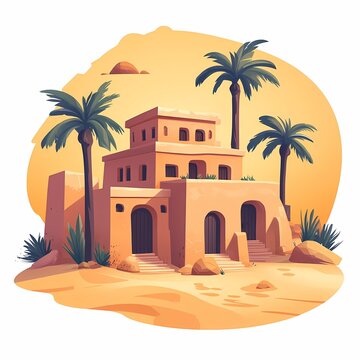 Ancient Desert Buildings and Palms. Vibrant Architecture and Scenery in a Traditional Exotic Oasis
