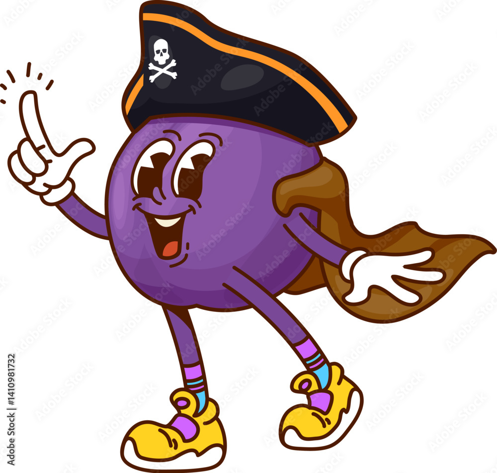 Poster cartoon groovy plum pirate and corsair fruit character wearing cape and captain hat with crossbones,