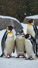 Fototapeta premium Four King Penguins huddle together in snowy conditions, snowflakes falling around them. A charming wildlife scene.